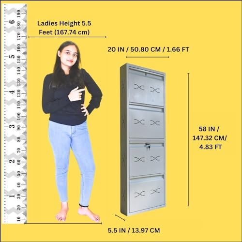 Image of I Metal Shoe Rack I Double Lock I Slim and Wall Mounted I 4 Shelve (Ivory Colour) I Coad LC 2S-04 IV I Height 58 Inches, Width 20 Inches, Depth 5.5 InchesI 3 Years Warranty.