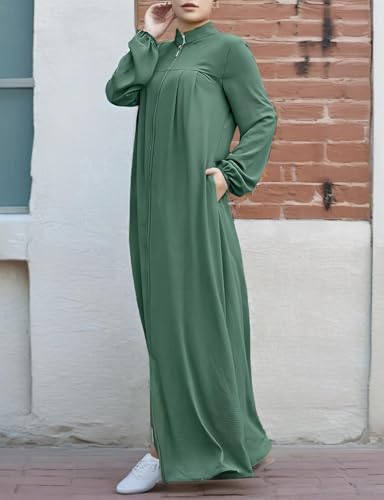Image of Womens Abaya Muslim Long Sleeve Front Zipper Dress Prayer Islamic Clothes with Pockets