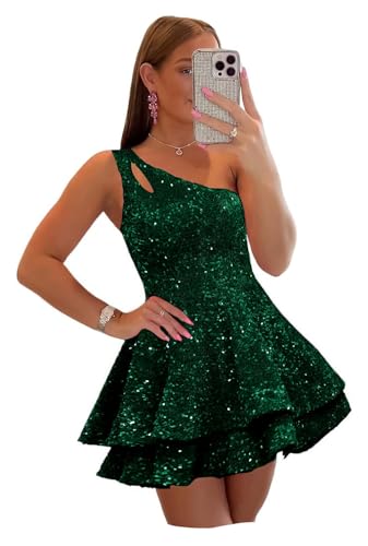 Fanciest Women's One Shoulder Sequin Homecoming Dresses Tiered Short Prom Dress for Teens