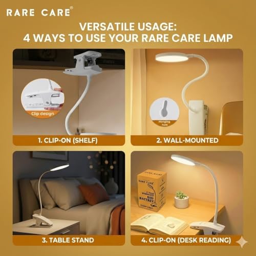 Image of RARECARE Table Lamp for Study Room with Clamp | Study Lamp with 3 Light Modes | 1 Year Warranty | Lamp Light for Study | Rechargeable Led Light with Big Battery - 1200 mAh