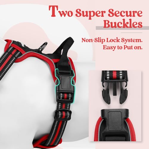 Image of rabbitgoo Dog Harness No Pull with 2 Leash Clips, Adjustable Soft Padded, Reflective Oxford No Choke Pet Vest with Easy Control Handle for Large Dogs, Black & Red, XL