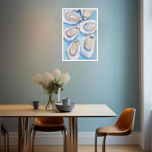 Image of Pastel Blue Oyster Shell Poster Abstract Coastal Shell Canvas Wall Art Funky Colorful Summer Beachy Picture Prints Painting For Home Living Room Kitchen Restaurant Wall Decor 12x16in Unframed