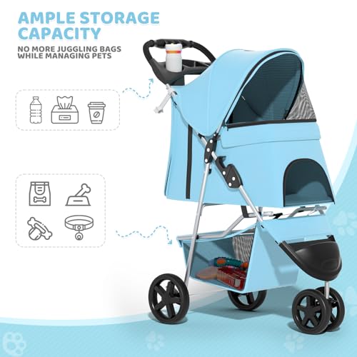 Image of Magshion 3-Wheel Pet Stroller, Foldable Travel Jogger for Small & Medium Dogs & Cats (Up to 33lbs), Lightweight Carrier with Breathable Mesh Cover, Cup Holder & Storage Basket, Mint Green