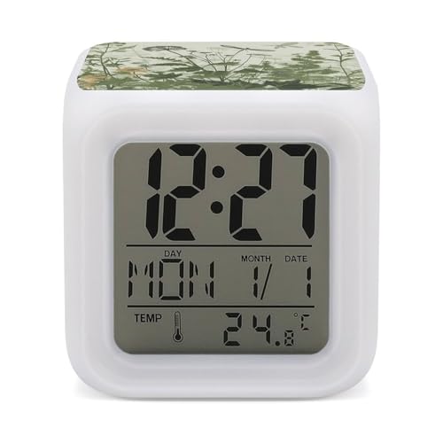 Reloj despertador con alas de follaje y hierbas con libélulas, entrenador de sueño, 7 colores cambiantes, luz nocturna moderna táctil, lámpara de mesita de noche, reloj digital de moda con pantalla de