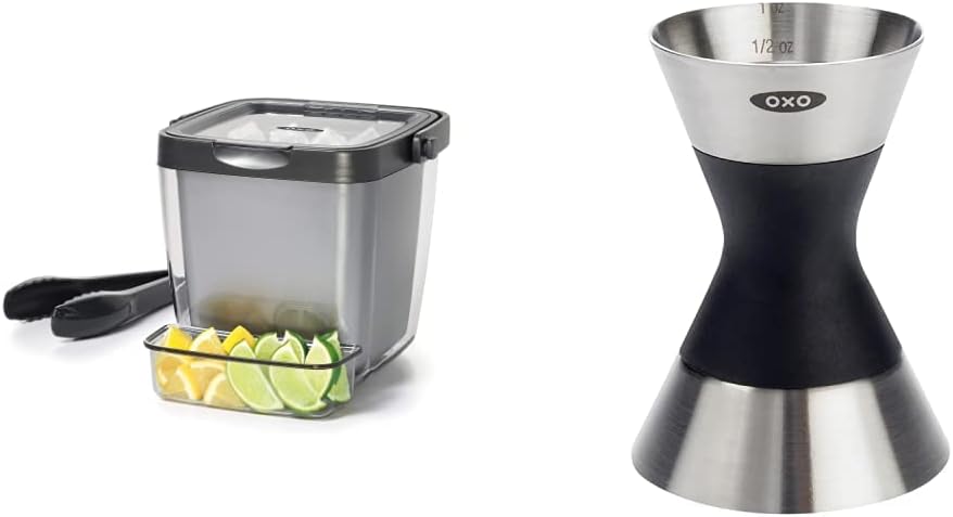 OXO Good Grips Double Wall Ice Bucket with Tongs and Garnish Tray,Gray, 7.37" L x 8.5" W x 7.5" H & Steel Double Jigger