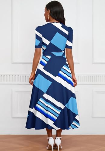 Image of MarryUP Women's Midi Dresses - V Neck Cocktail & Church Tea Dresses - Short Sleeve A-Line Swing Dress
