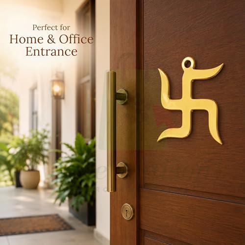 Image of Brass Swastik (卐) Sathiya Wall Hanging Yantra | 5 Inch Approx | Vastu Door Hanging for Najar Dosh |Weight-240gm Approx |Decorative Home Decor Symbol for Positive Vibes