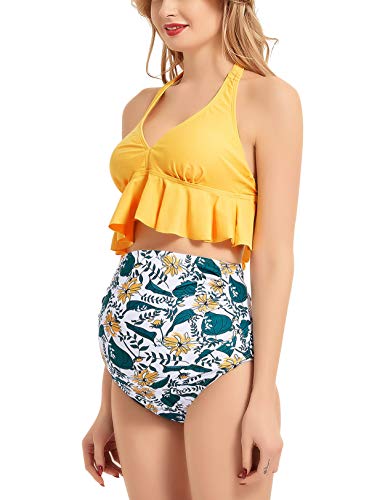 Sweetbump Maternity Swimsuit Two Piece Ruffled Top High Waisted Bottoms Vintage Swimwear Bikini Set Bathing Suits Yellow Flower M #TOP2