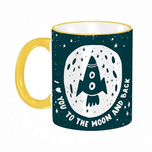 HWFOI Copa de cerámica interesante 11OZ tazas 330 ml - Regalo original y divertido Exquisita taza de impresión,Dibujo infantil de cohetes y espacio.,Amarillo