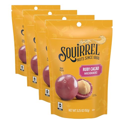 Image of Squirrel Brand Ruby Cacao Macadamias, 3.25 Ounces, Resealable Bag, Gluten Free, Kosher, Snacks for Adults and Kids, Fair Trade Certified Cocoa (Pack of 4)