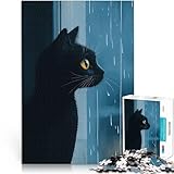 Gato Negro Mirando la Lluvia Rompecabezas de 1000 Piezas para Adultos Juguete de desafío de Juego Educativo Regalo de Obra de Arte 38x26cm