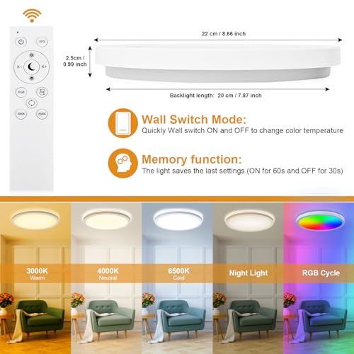 LEZOE - Lámpara de techo LED RGB 18W regulable con mando a distancia, 1800 lm, regulable RGB, 3000K-6500K, IP54, panel plano para salón, dormitorio, habitación infantil, cocina, sala - imagen 8