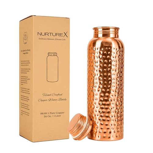 NurtureX Pure Copper Water, Bottle 34 Oz / 1 Liter, Leak-Proof, Joint-Free, Anti-Tarnish Protective Coating, Handcrafted, Eco-Friendly & Ayurvedic Drinkware for Yoga, Gym & Office - Hammered
