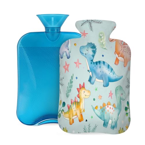 Mexpekil Bonita bolsa de agua caliente de dinosaurio de dibujos animados con funda, bolsa de agua caliente de PVC de 2 L para aliviar el dolor, pies, espalda, calor