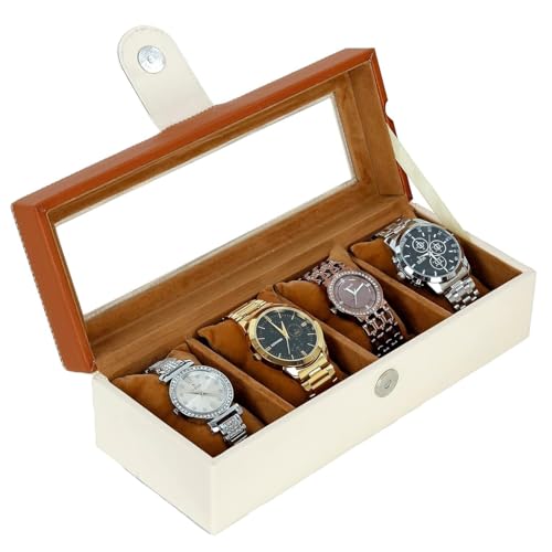 Image of Leather World Faux Leather Watch Box Organizer For Men & Women - Wrist Watch Box Holder 4 Slots - Removable Pillows Display Case - Gift for Loved Ones - Blue