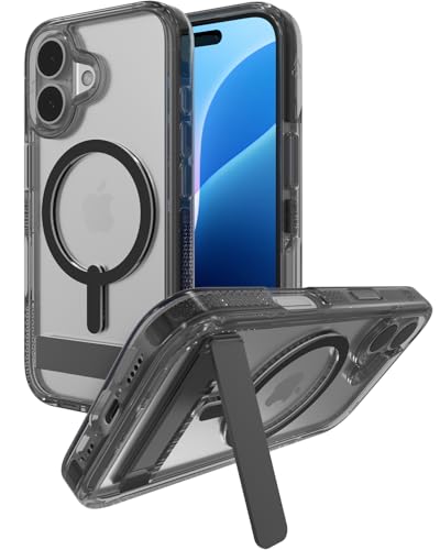 Image of ZAGG Santa Cruz Snap Case for with Kickstand iPhone 16 - MagSafe Compatible, 13ft Military-Grade Drop Protection, Reinforced with Graphene, Slim Clear Case with Vibrant Color Accents, Black