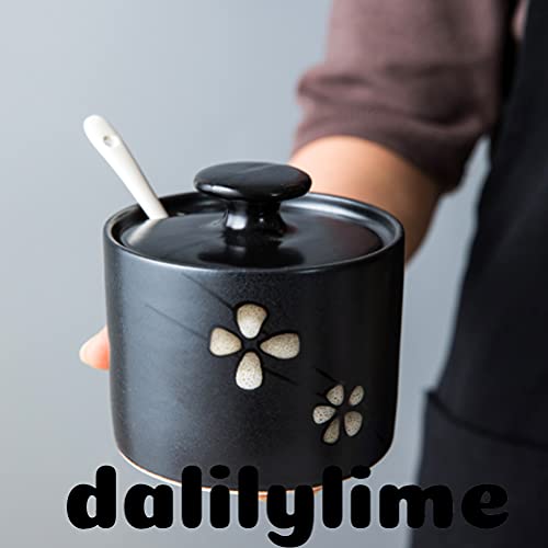 Japanese Style Ceramic Floral Sugar Bowl Saltbox With Lid And Spoon 10 Ouncesï¼ˆBlackï¼‰ #TOP2