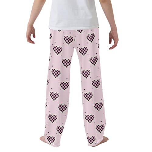 CaTaKu Boys Y2k Checkered Hearts Stars Pants for Boys Girls Wide Leg Sweatpants Kids Long Bottoms with Pockets Size 6-14Y2