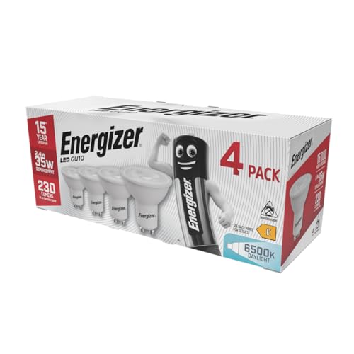 Energizer GU10 LED Bulbs Daylight 6500K Light Bulb Pack of 4 – 35W Halogen Spotlight Bulb Equivalent Replacement – 230LM Energy Saving 2.4W GU10 Non Dimmable LED Bulbs