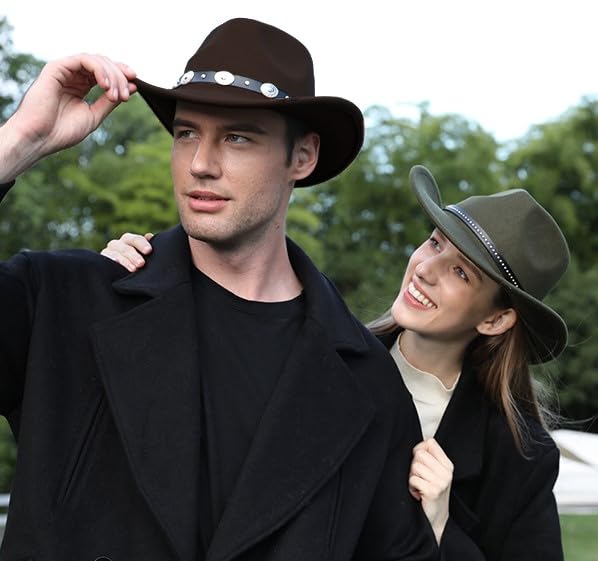Image of 2 Pack Western Cowboy Hats for Women Men 4 Different hat Bands | Classic Felt Wide Brim Costume Cow Boy Hat Curved Brim Cowgirl Hat