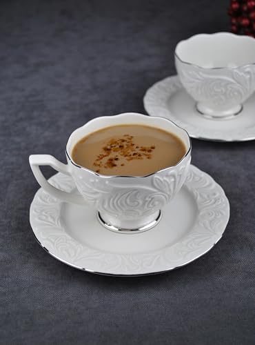 4 Parça Porselen Platin Gümüş Yaldızlı Çay Fincan Takımı - Neskafe Kahve Fincanı Seti 185 ml-Pera
