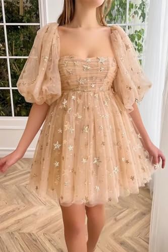 Women's Sparkle Starry Tulle Homecoming Dresses Puffy Sleeve A Line Formal Short Prom Dresses with Pockets3
