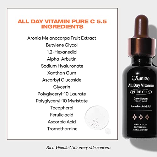 Jumiso All Day Vitamin Pure C 5.5 Glow Serum | L-Ascorbic Acid, Ferulic Acid, Tocopherol, Alpha Arbutin, Pure Vitamin C Serum For Dark Spots, Dullness, Fine Lines | Fragrance-Free, Parabens-Free | 1.01 Fl Oz, 30 Ml #TOP2
