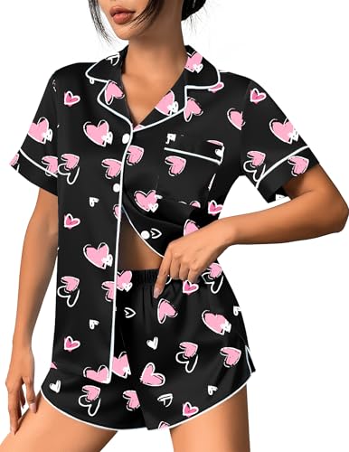 Image of Ekouaer Womens Silk Satin Pajama Set Print Short Sleeve Sleepwear Button Down Pjs Shorts Set Loungewear