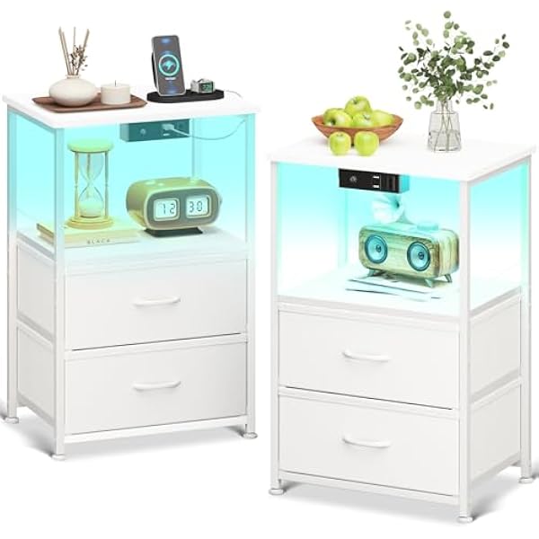 Coleshome Biała szafka nocna do sypialni, z 2 gniazdami USB i 1 gniazdkiem elektrycznym i lampkami LED, stolikami nocnymi z 2 szufladami z tkaniny i 1 schowkiem, 40 x 30 x 60 cm, 2 sztuki w opakowaniu