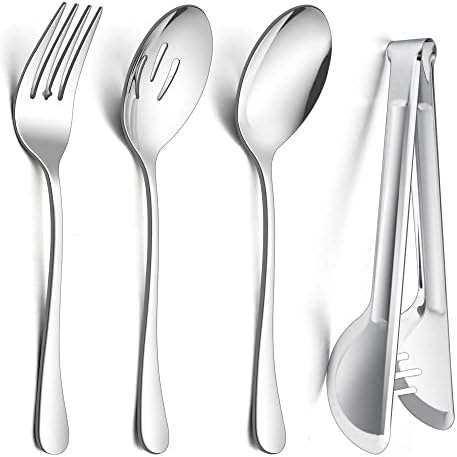 Large Serving Utensils Set of 8, E-far Stainless Steel 9.8 Inch Serving Spoons Slotted Spoon, 9.9 Inch Serving Fork, 9.4 Inch Serving Tong for Buffet Catering Banquet, Mirror Finish & Dishwasher Safe