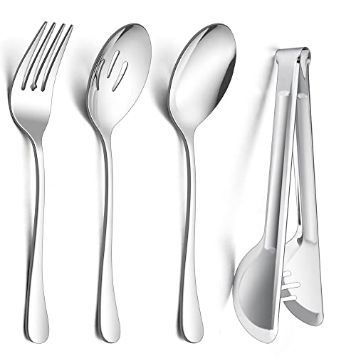 E-far Large Serving Utensils Set of 8, Stainless Steel 9.8 Inch Serving Spoons Slotted Spoon, 9.9 Inch Serving Fork, 9.4 Inch Serving Tong for Buffet Catering Banquet, Mirror Finish & Dishwasher Safe