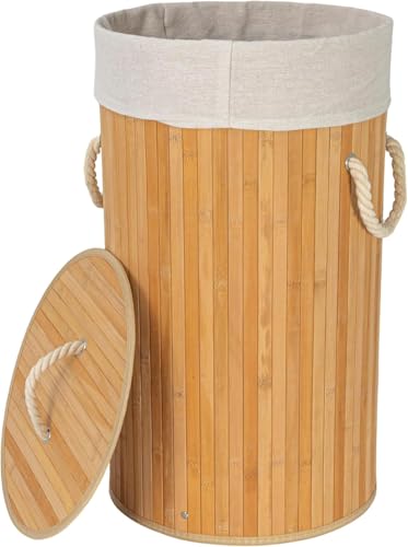 Laundry Hamper with Lid, Bamboo Laundry Basket with Handles & Removable Liner,Foldable Laundry Hamper for Laundry Room, Bedroom, Bathroom, Living Room (Round Natural)