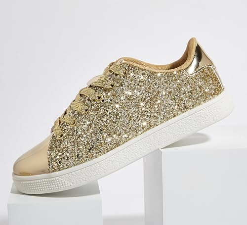 Image of LUCKY STEP Glitter Shoes Sparkly Bling Shiny Bedazzled Lace up Fashion Sneakers for Women