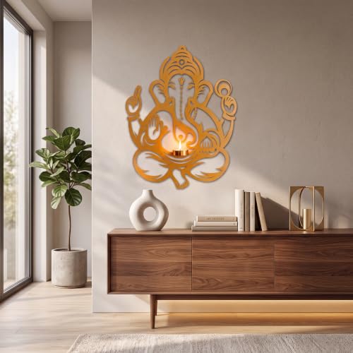Image of Metal Lord Ganesha Wall Decor with Tealight Candle Holder | Gold Powder Coated Iron Wall Hanging for Living Room, Pooja Room & Home Decor | 14 x 18 Inch