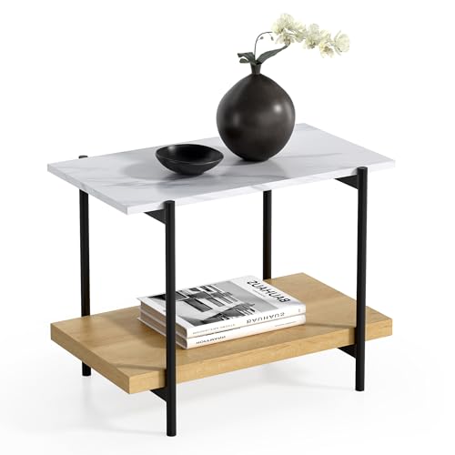 MoomJiee End Table with 2 Tier Wood Open Shelf, Rectangular Sofa Side Table with Metal Frame and Faux Marble, Bedside Nightstand for Bedroom Living Room Small Space, Natural Oak