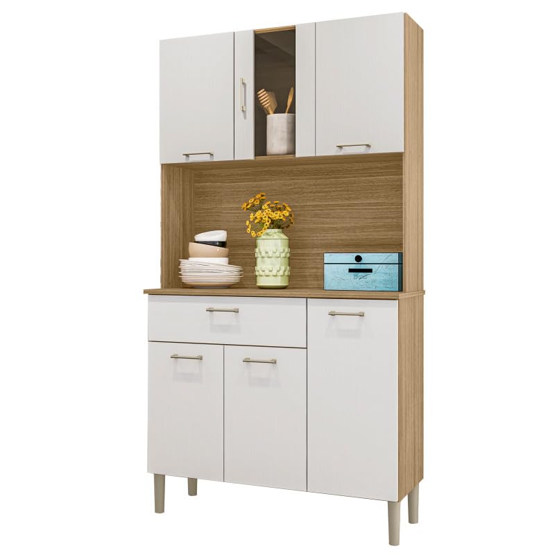 ACTUAL DIFFUSION Buffet de Cuisine 6 Portes 1 Tiroir Chêne et Blanc 5 Niches L92 H170.5 P36.3 cm