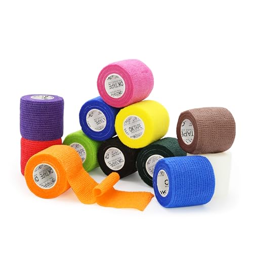 OK TAPE Self Adherent Cohesive Bandages Wrap - 12Packs, 2' x 5 Yards, Non-Woven Self Adhesive Bandage Wrap for Thumb, Finger, Wrist, Ankle, Vet Wrap Bandages Tape (Mixed Colors)