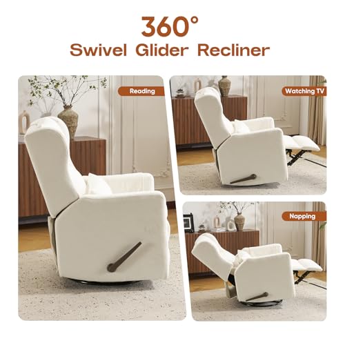 Image of Swivel Rocker Recliner Chair,Glider Rocker Recliner Nursery Chair with Adjustable Headrest, Rocking Chair Nursery with Lumbar Support, Manual Recliner with Cup Holder and Side Pockets, White