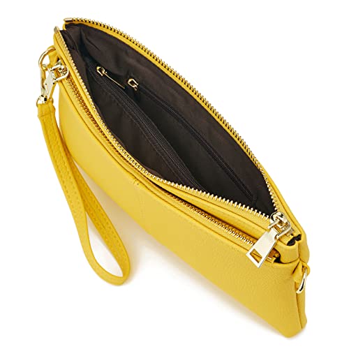 Zooeass Triple Zip Small Crossbody Bag Lightweight Purses Vegan Leather Wristlet Clutch, Includes Adjustable Shoulder (Yellow #TOP4