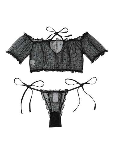 Image of Lilosy Sexy Stretch Ruffle Tie Sheer Mesh Lingerie Set Outfits