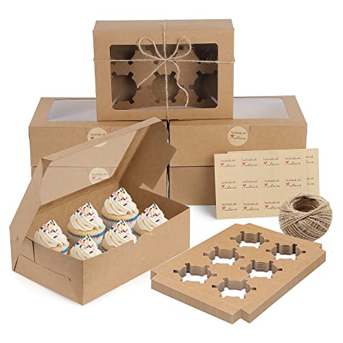 Coolty 20 unidades caixas para bolos 6 orifícios caixas Cupcakes caixas de papelão para madalenas com autocolantes e 30 m corda de sisal para bolachas madalenas Cupcakes sobremesas bolos (castanho)