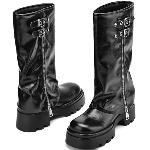 Women's Knee High Riding Boots Chunky Low Heel Round Toe Moto Boots Slouchy Fold Over Motorcycle Biker Boots for Women with Buckle3