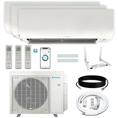 Daikin 24,000 BTU 21SEER2 3-Zone Mini Split Air Conditioner Heat Pump System R32 with Maxwell 15 ft. Installation Kit and Wall Mounting Bracket (9,000 BTU + 12,000 BTU + 12,000 BTU)