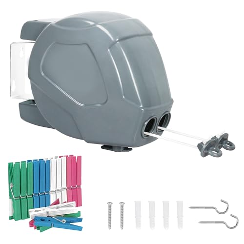 LOFTEY Retractable Washing Line, 30M (15M x 2) Extendable Washing Line, Wall Mounted Clothes Lines for Indoor & Outdoor, Holds Up to 25kg, Grey
