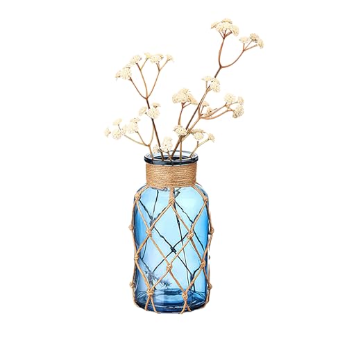 Coastal Glass Vase with Rope, Small Sea Glass Jar, Nautical Beach Bottle for Wedding Table Centerpieces Floral Arrangement Decor (Not Include Flowers)