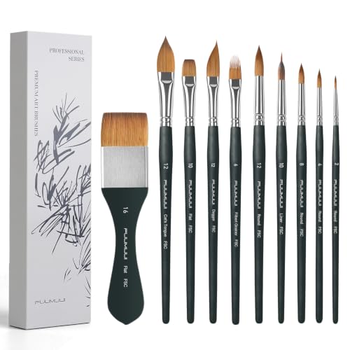 Image of Fuumuui Watercolor Brush Set, 10Pcs Professional Soft Synthetic Hair Paint Brushes - Wide Flat, Dagger, Cat's Tongue, Extended Needle, Round, Grainer for Watercolor Gouache Inks Painting