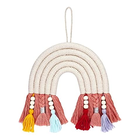 Rainbow Tapestry Tassel Hanging Decoration,Hand-Woven 5 Strands Tassel Bead Wall Decor Macrame Tapestries Kids Bedroom Colorful Nursery Wall Stickers Toy for Home Bedroom Kids Baby Room Party Decor Cover