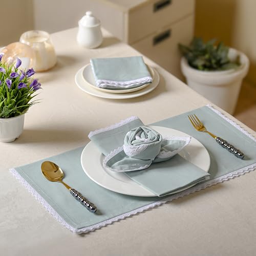 Image of FINGERCRAFT Lace Trim Cloth Napkins Set of 6, 20x20 Inch Cotton Linen Blend Dinner Napkins, Reusable Washable Table Napkins for Wedding, Farmhouse Dining, Parties & Home Decor (Aqua)