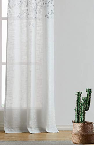 Central Park Leaf Floral Print Metallic Sheer Linen Window Curtain Panel For Rustic Living Room/Bedroom Sparkling Decorative 6 Grommets Top Drape Panels Farmhouse Curtains, Gray Tan,40" X 84"X2, 2 Pk #TOP4