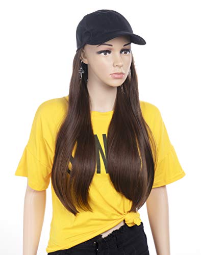 Rugelyss Black Baseball Cap with Straight Light Brown Hair Extension 20 Inches Long Wigs for Women Hats with Hairpieces